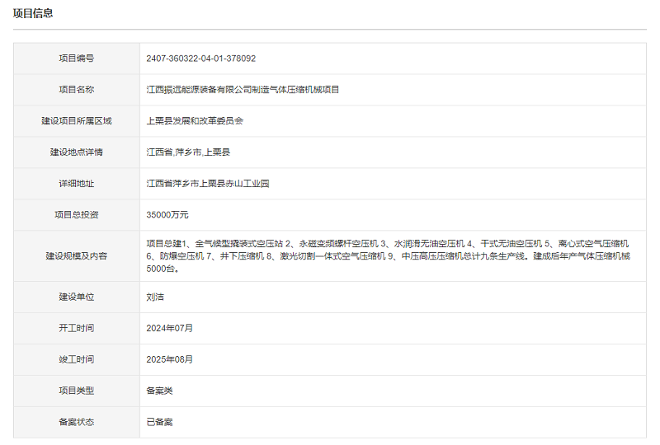 江西振远能源装备有限公司制造气体压缩机械项目备案(图1)